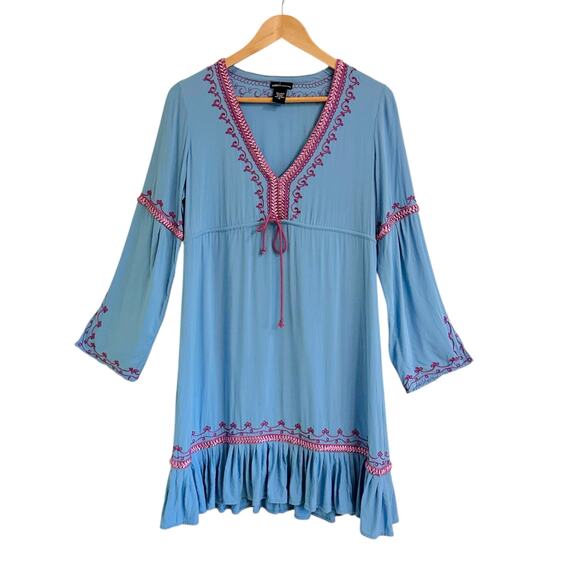 Moda Int’l Embroidered Tibbon Bohemian Dress Sz M Blue Pink Festival - Picture 1 of 6